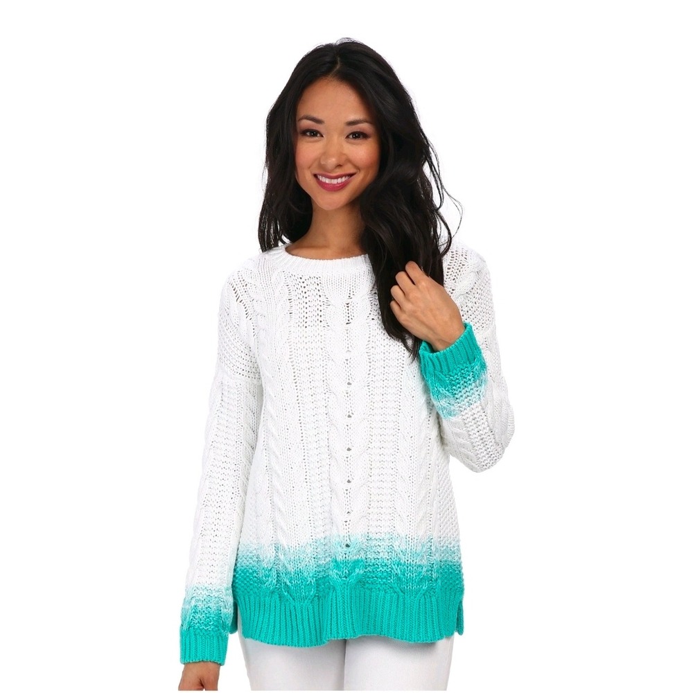 Tommy Bahama Sweater XL Cable Knit Ombre Sweater White Teal Blue Resort Wear